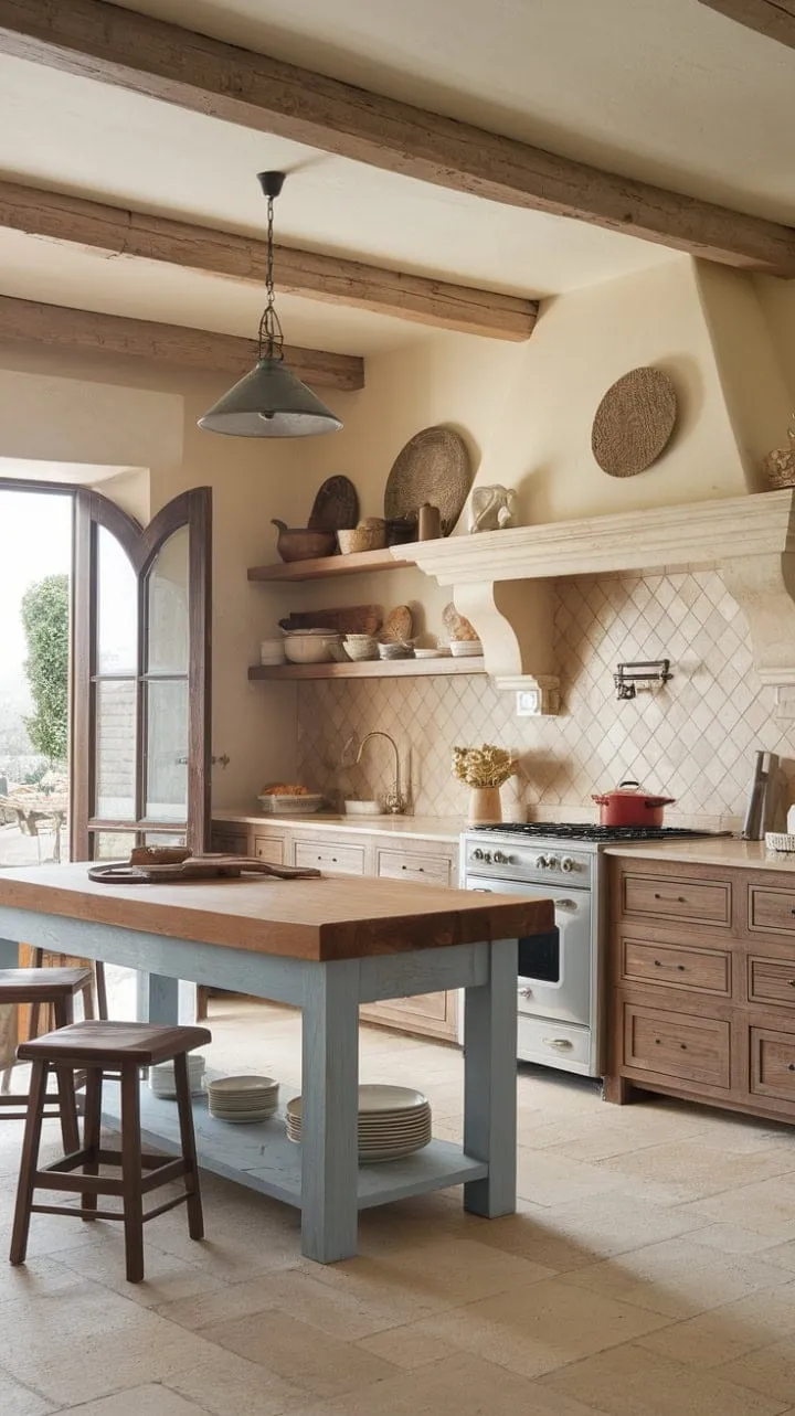 In a sun-kissed Tuscan kitchen, a handcrafted wooden island and warm beige tiles create a timeless haven where generations of cherished family meals come to life.