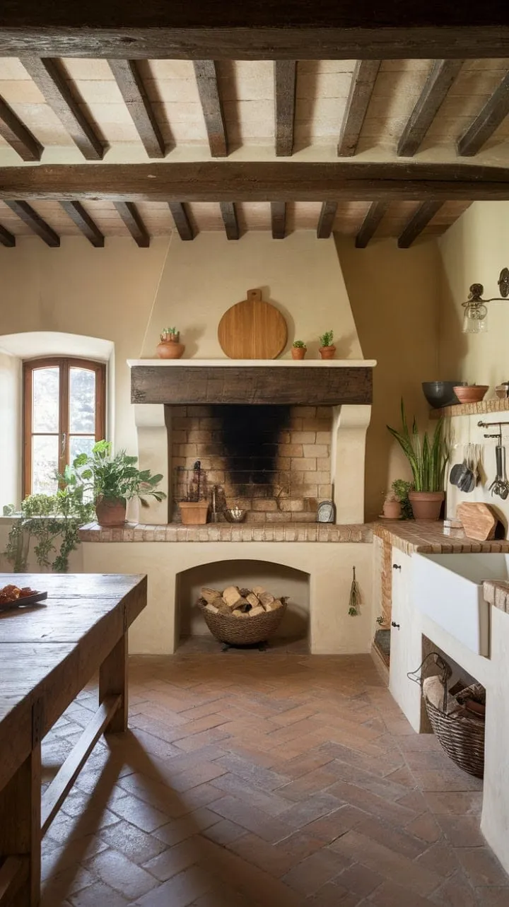 In this Tuscan kitchen, the crackling fireplace and fragrant herbs create a rustic sanctuary that whispers tales of timeless elegance and authentic Italian living.