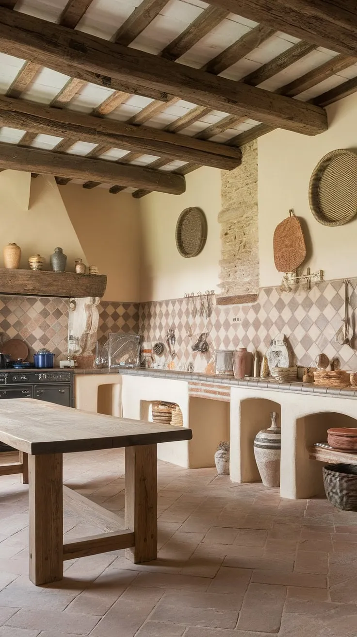 A Tuscan farmhouse kitchen's warmth is evoked through aged wood, terracotta, and charmingly cluttered walls.