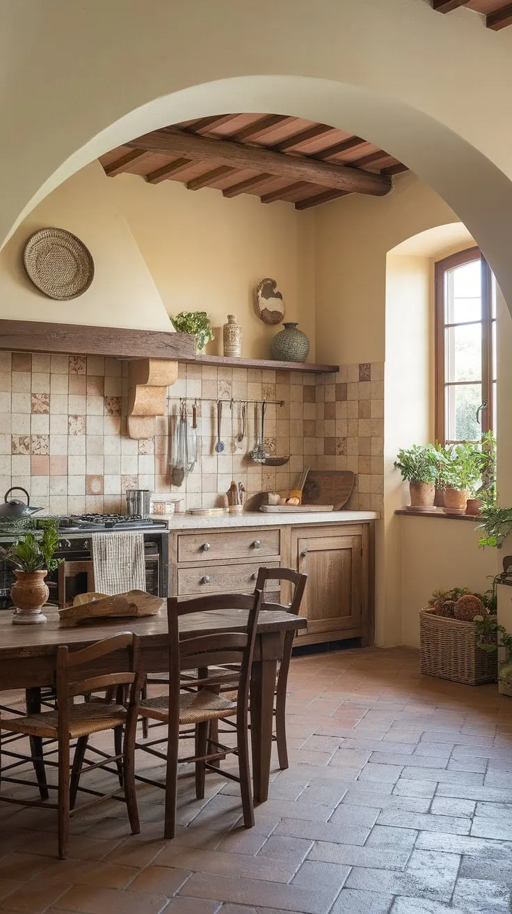 Warm Tuscan charm fills a kitchen with terracotta floors, wooden cabinetry, and inviting details