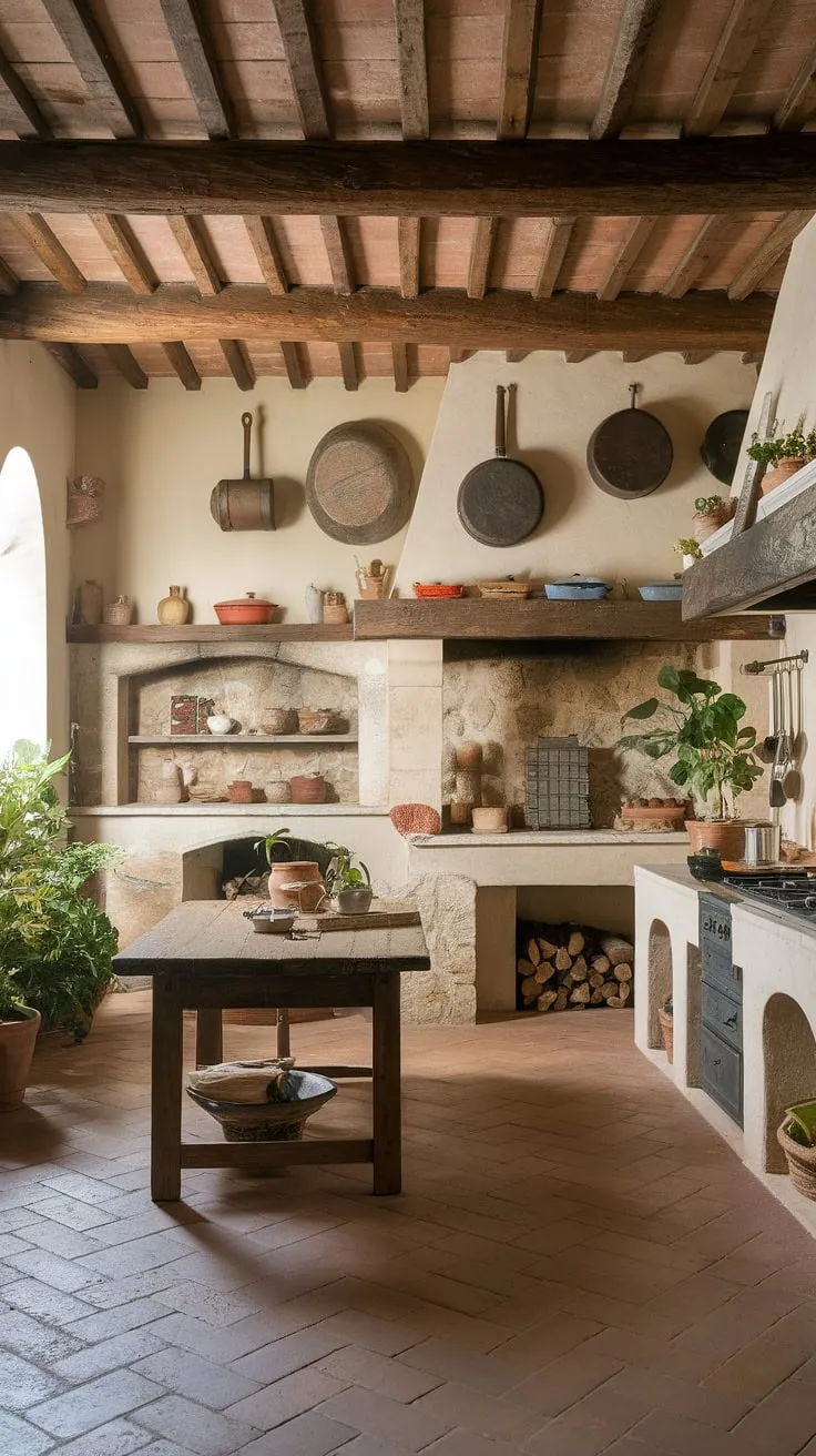 A Tuscan farmhouse kitchen's warmth is evident in its terracotta floor, stone fireplace, wooden beams, and charming vintage details.