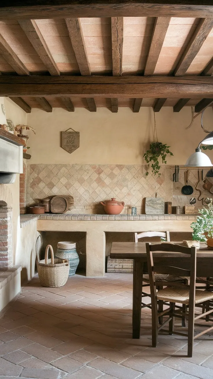 Rustic charm fills a Tuscan farmhouse kitchen, its stone fireplace and wooden beams complementing a terracotta floor and cozy farmhouse table.