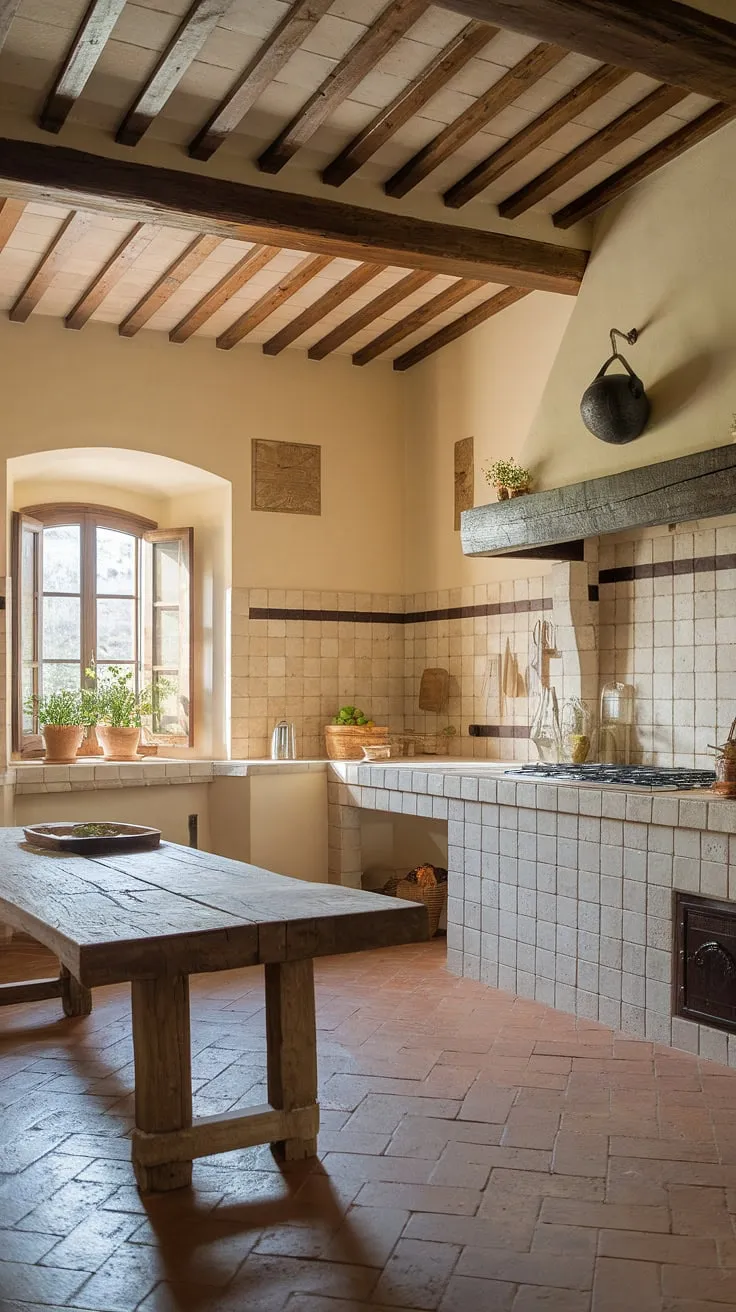 A sun-drenched Italian farmhouse kitchen evokes the warmth of Tuscany with its aged terracotta and rich wood.