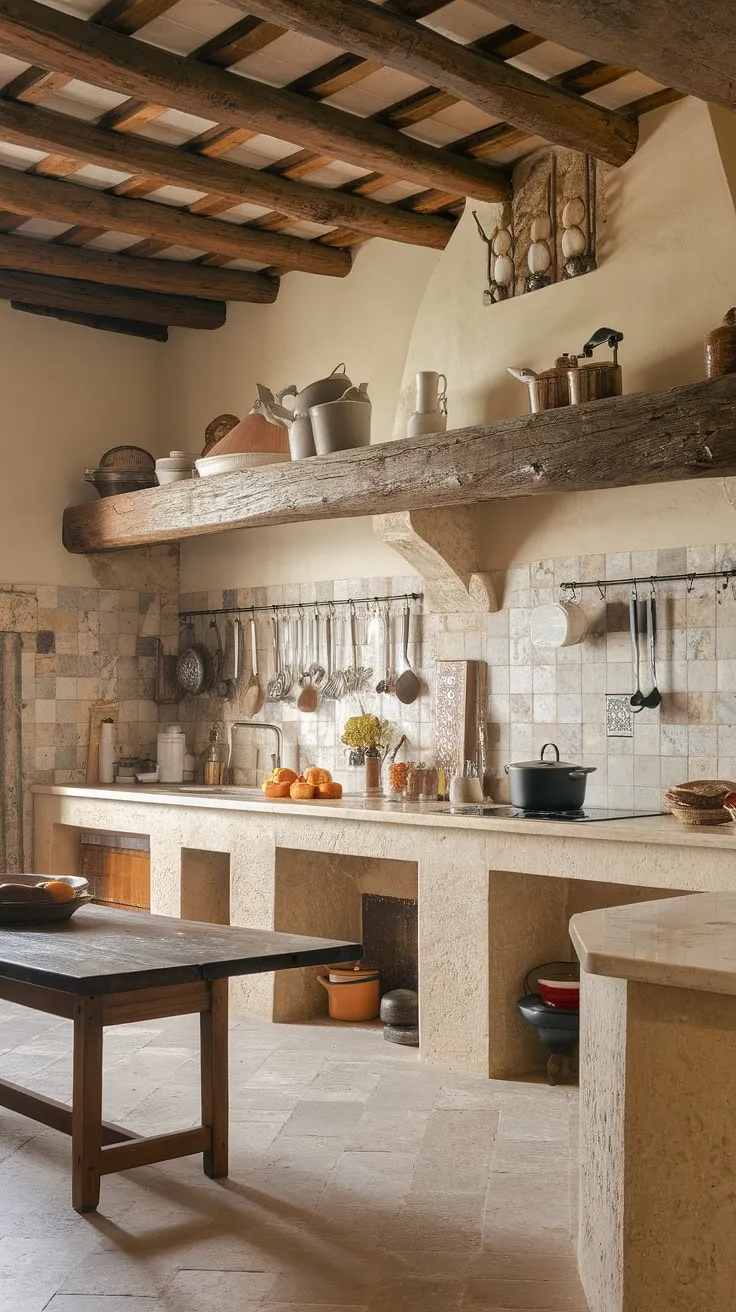 Elegant Tuscan farmhouse kitchen design features exposed beams, stone, and marble, creating a warm and inviting atmosphere.