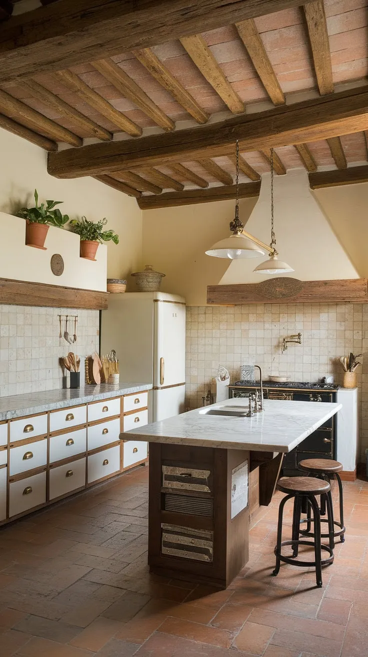 Elegant Tuscan farmhouse kitchen design features a marble island and aged details, evoking warmth and charm