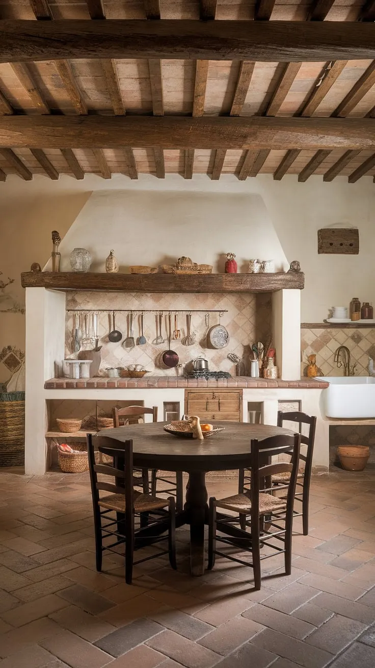 Enchanting Tuscan farmhouse kitchen, complete with beamed ceiling and terracotta floors, evokes idyllic Italian country life