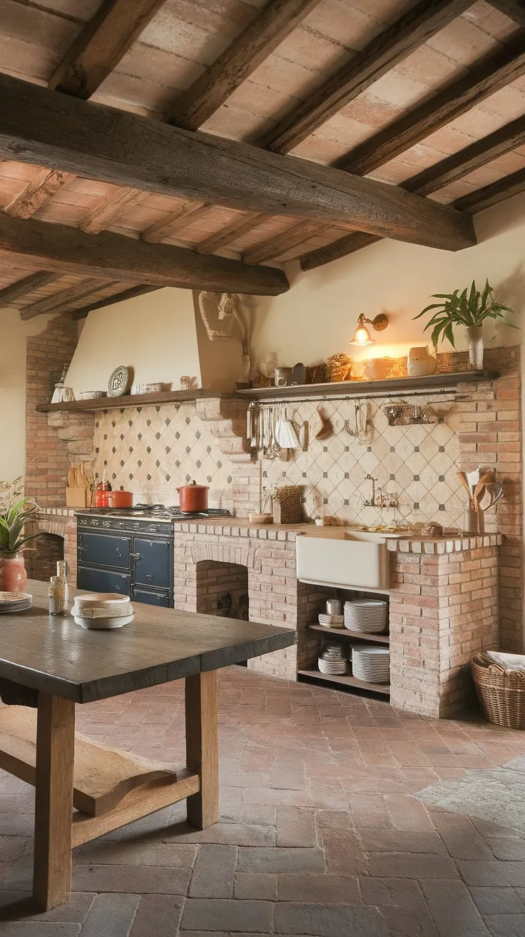 Rustic charm fills a Tuscan farmhouse kitchen, its exposed brick, wooden beams, and terracotta floor creating a warm and inviting atmosphere.