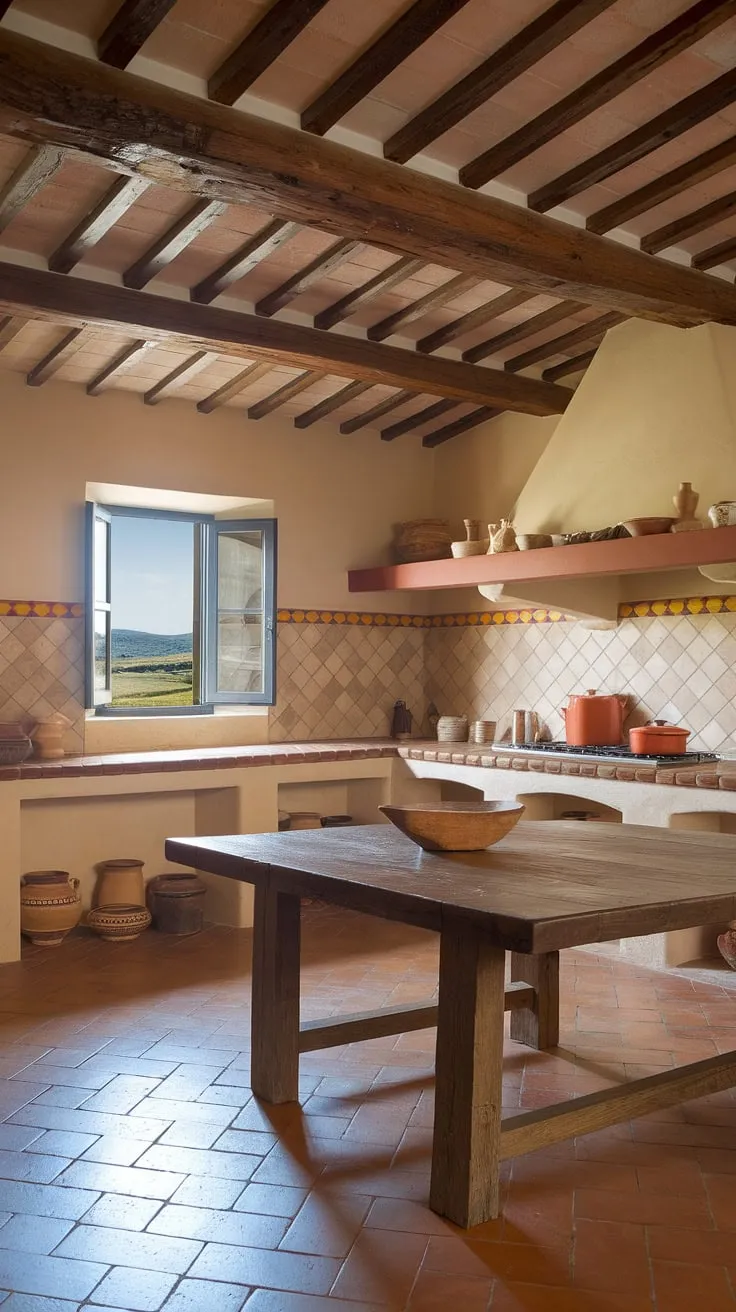 Warm terracotta floors and aged stone create a charming Italian kitchen, perfect for country living.