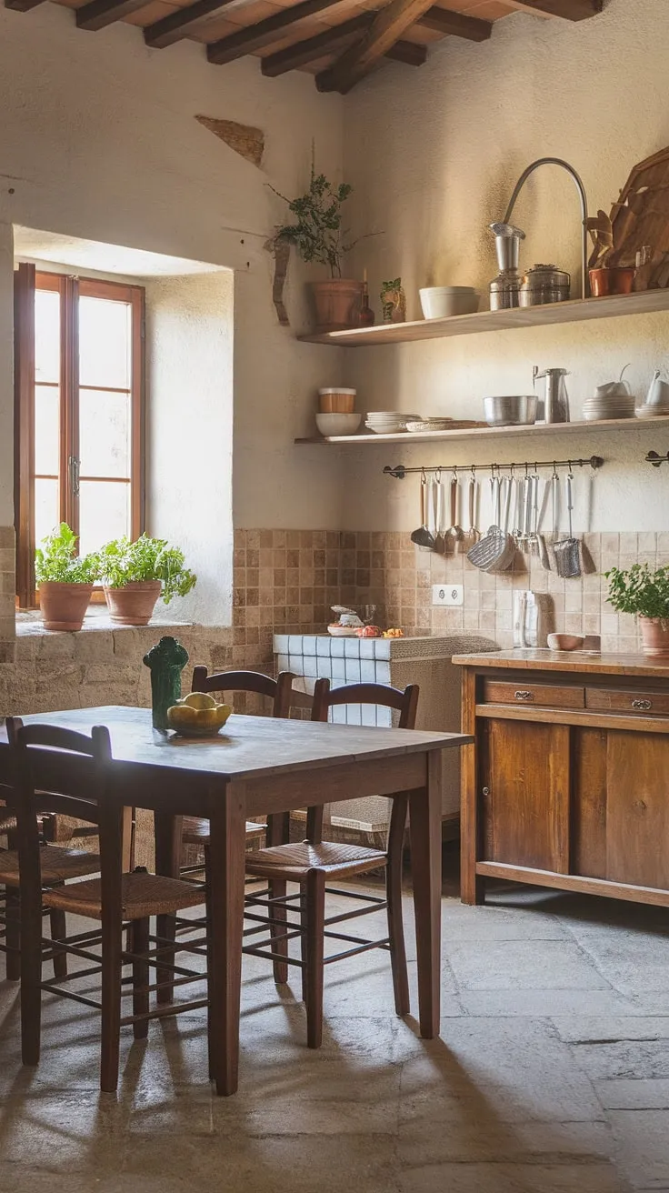 A Tuscan kitchen evokes warmth with its stone walls, wooden accents, and a homely table setting.