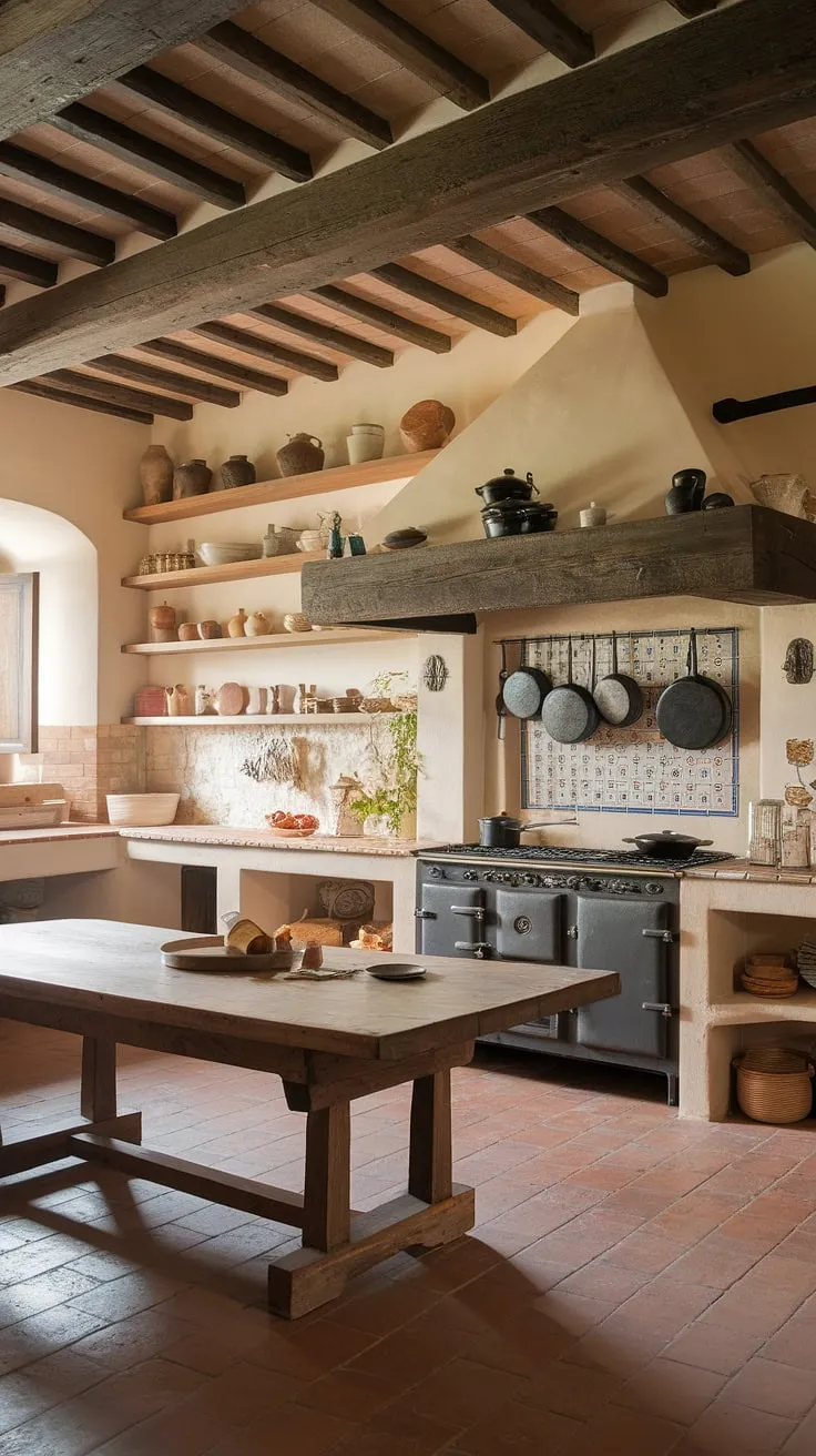 A sun-drenched Italian kitchen, brimming with character, features terracotta floors and a large wooden table.