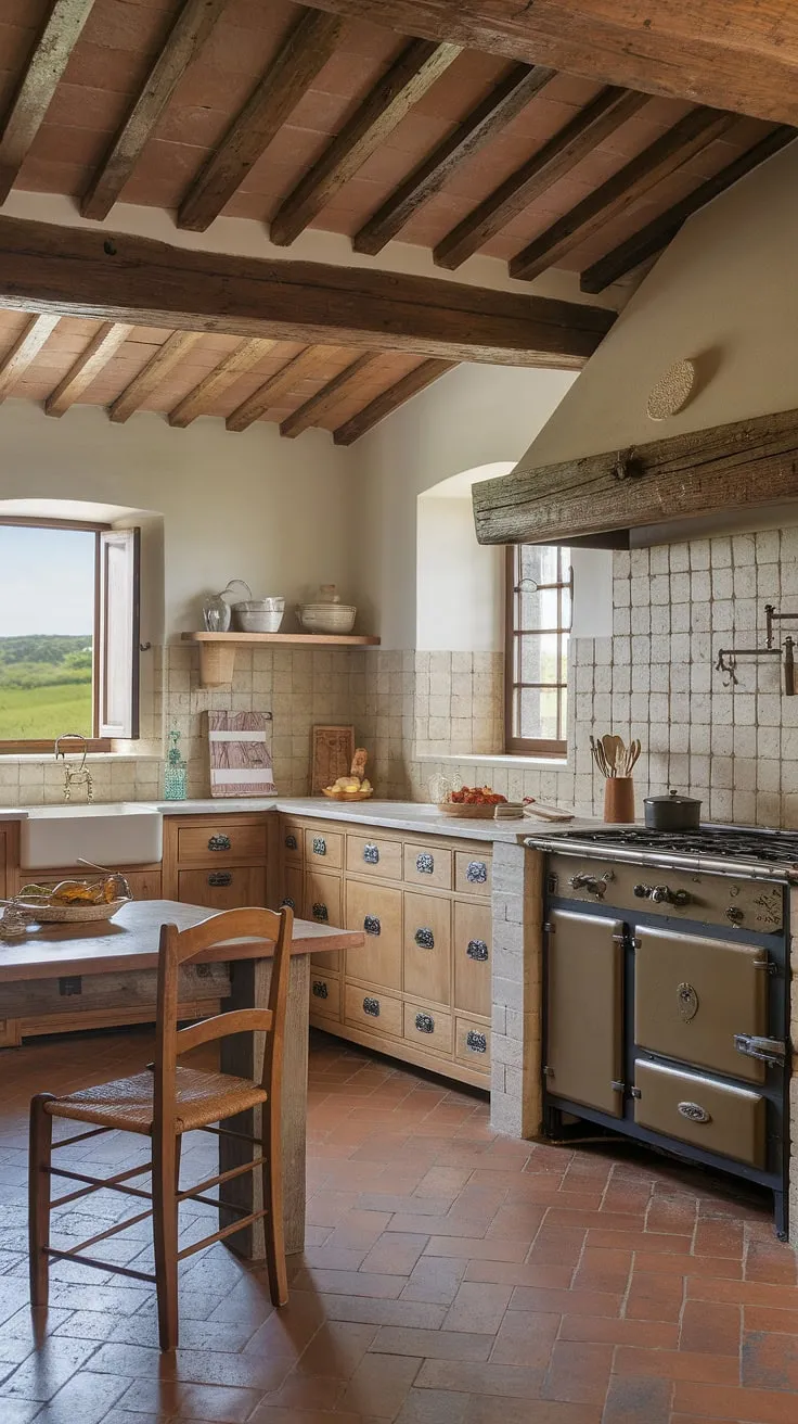 Tuscan charm fills this Italian farmhouse kitchen, blending aged wood, terracotta floors, and a view of rolling fields.