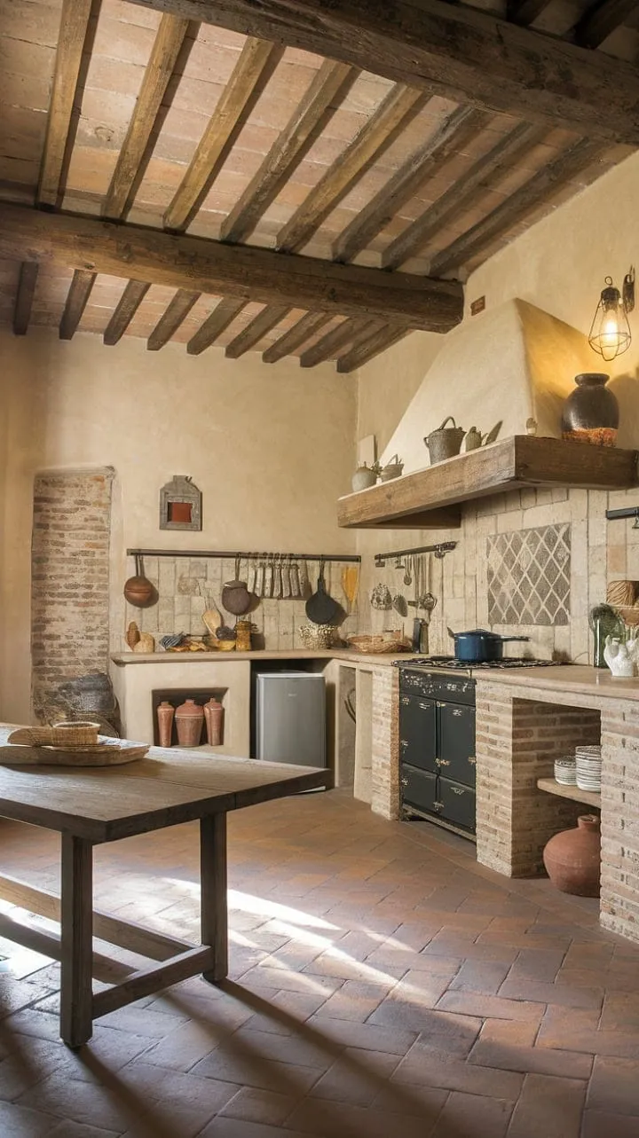In a sun-kissed rustic Italian kitchen, the air is filled with the enchanting aromas of freshly baked bread and herbs, as centuries-old walls cradle the joy of simple culinary pleasures.