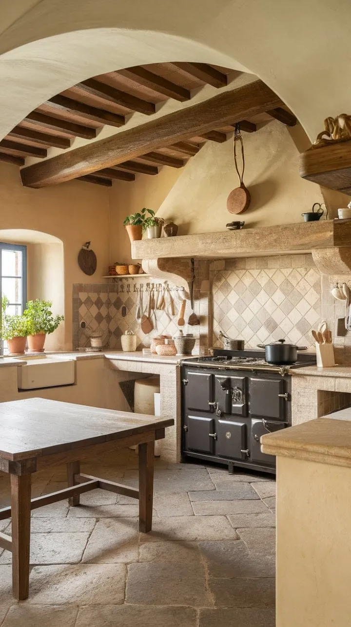 In a rustic Tuscan farmhouse kitchen, warm sunlight dances on aged beams and a marble table, while the rich aromas of family meals evoke a timeless tranquility steeped in generations of shared stories.