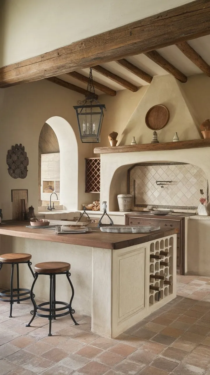 Sunlight bathes the rustic Tuscan kitchen in warmth, where aged beams and terracotta floors echo history, inviting gatherings and cherished memories.