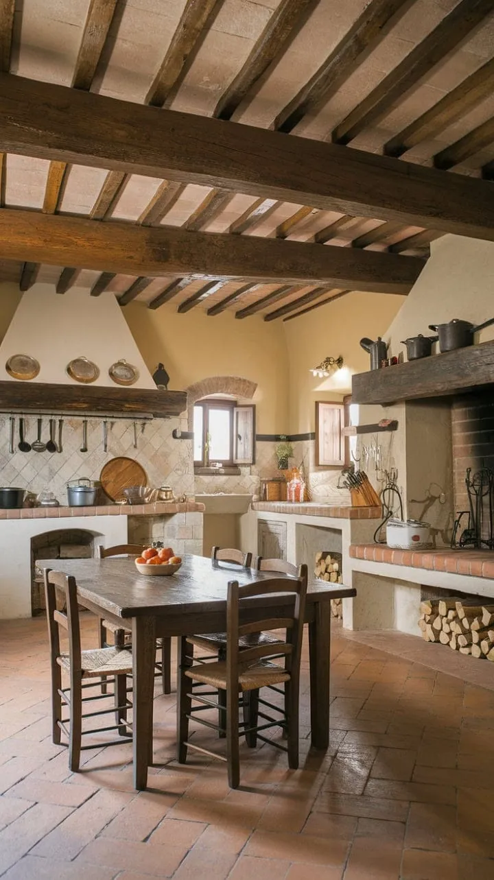 Sunlight bathes a rustic Tuscan kitchen in warmth, where rough-hewn beams and a grand fireplace set the stage for aromatic culinary gatherings around a large wooden table.