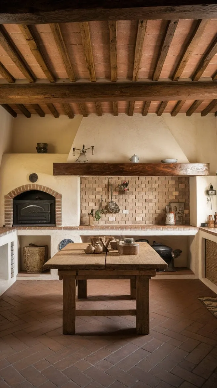 Sunlight dances through the rustic Italian farmhouse kitchen, revealing a tapestry of cherished memories woven into its terracotta floors and weathered beams, where the aroma of delicious food and laughter linger.