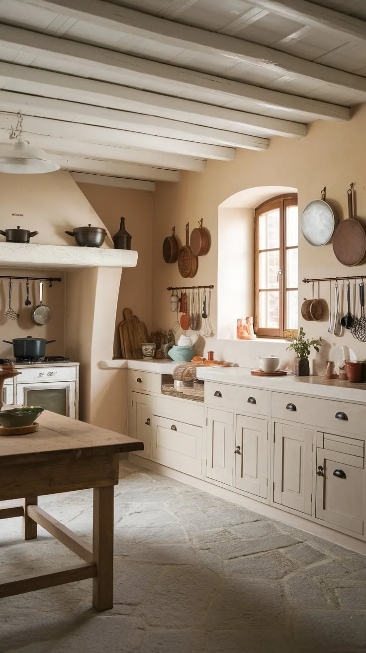 A Tuscan kitchen's warm beige and white palette is accented by hanging cookware and a stone floor, creating a welcoming atmosphere.