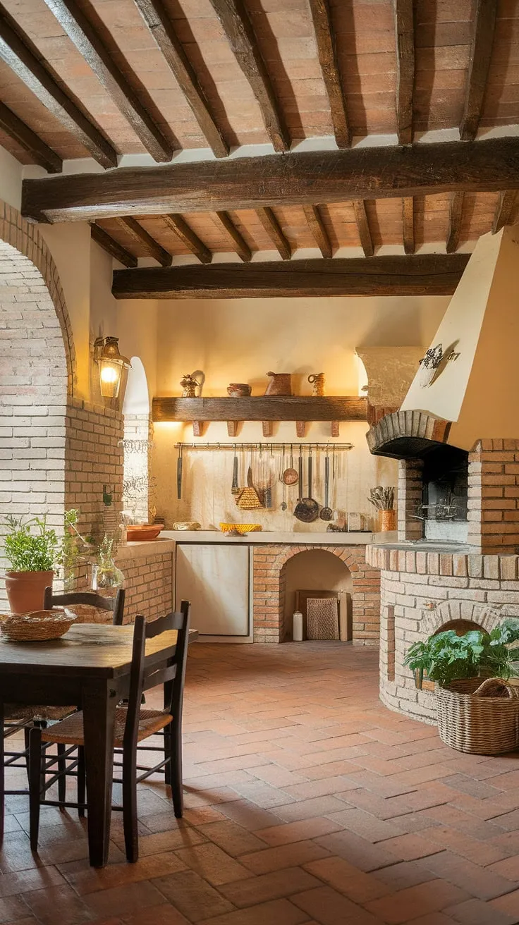 A Tuscan-style kitchen's aged brick and wooden beams create an inviting, homely atmosphere.