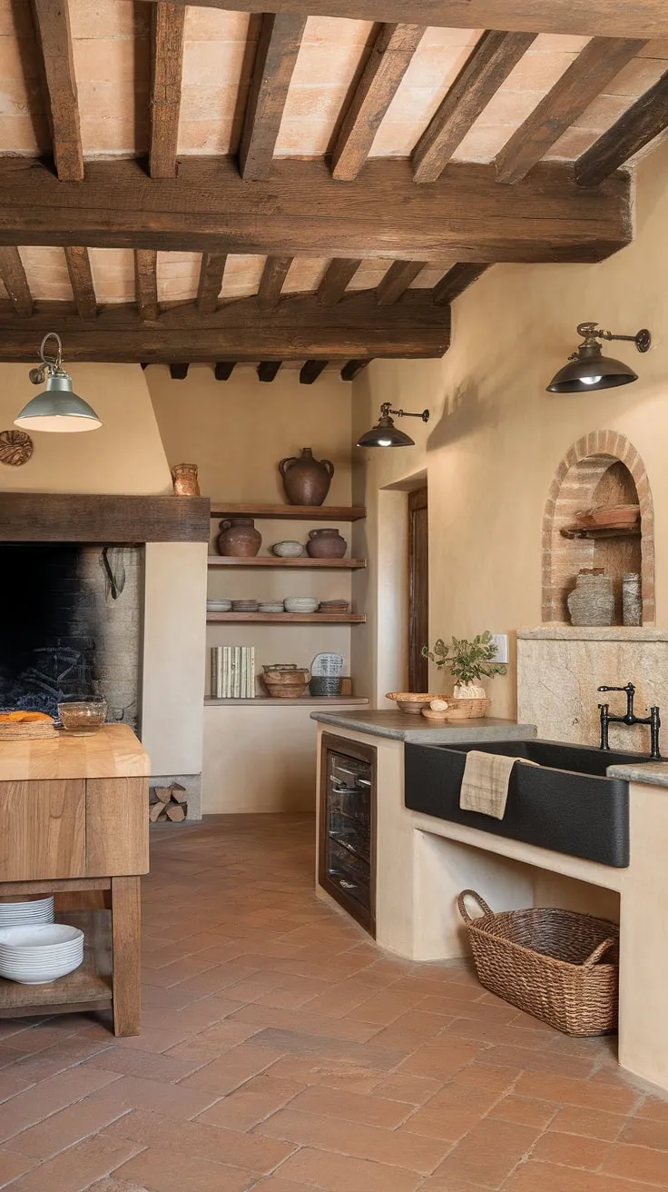 Enchanting Tuscan farmhouse kitchen, boasting aged stone, warm wood, and vintage charm.
