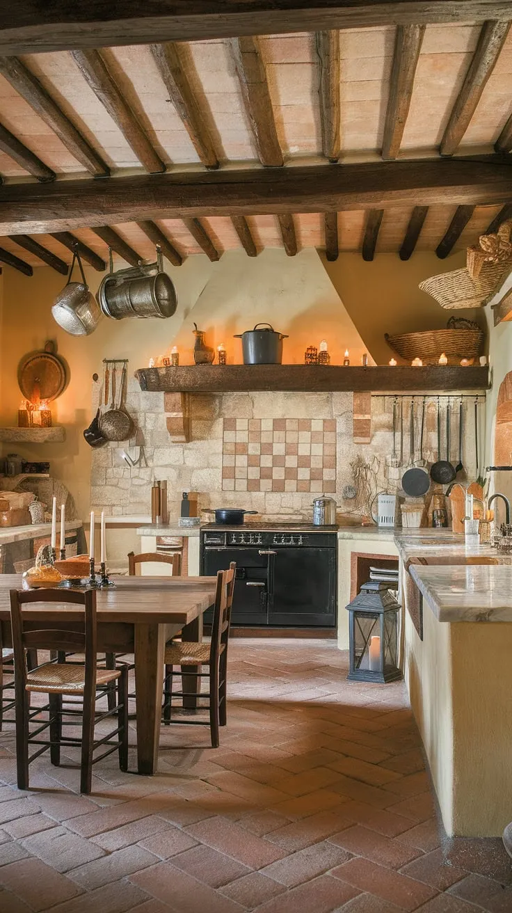 Warm candlelight illuminates a charming Tuscan farmhouse kitchen, its aged stone and wood creating an inviting atmosphere
