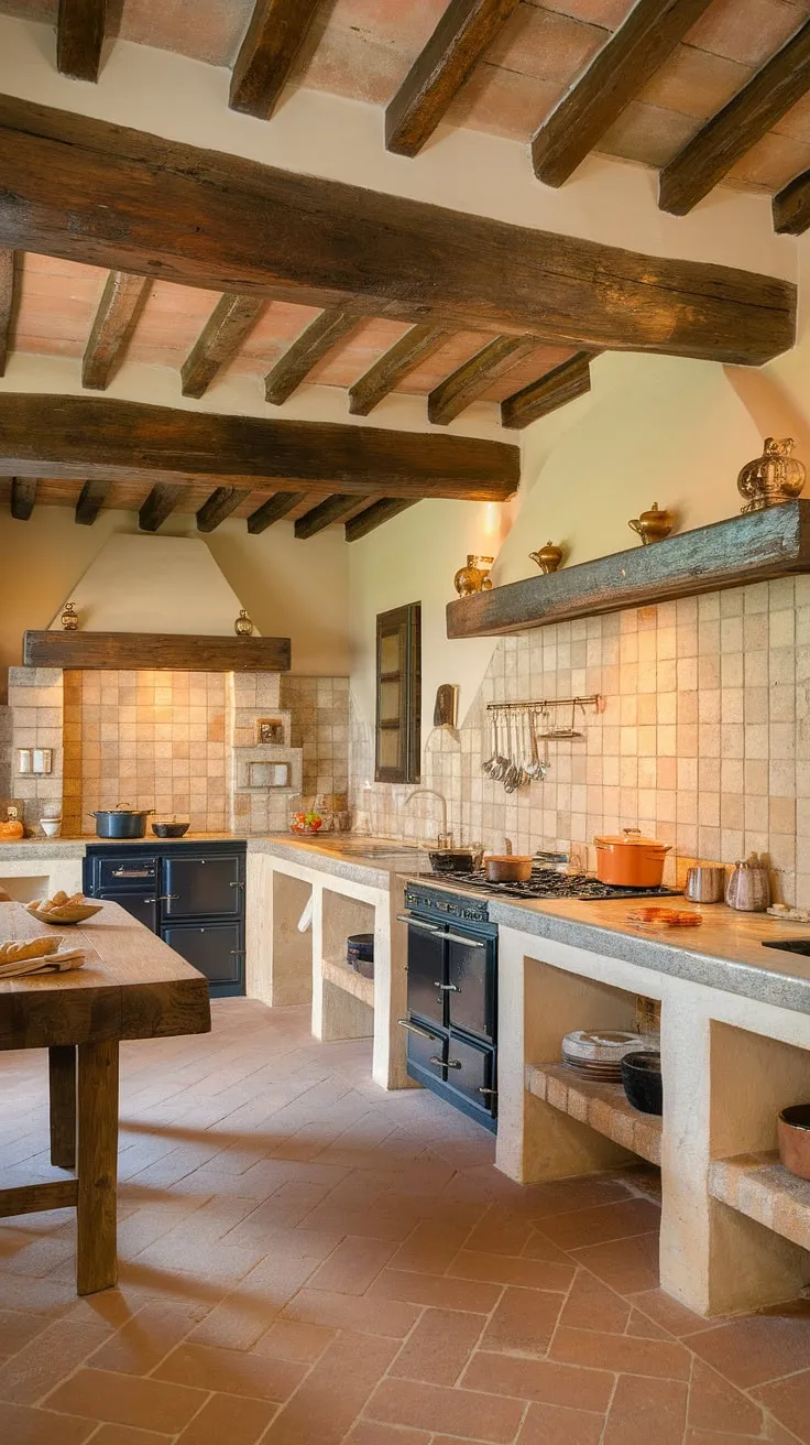 Warm light bathes a Tuscan farmhouse kitchen, its aged stone and terracotta floor creating an inviting atmosphere