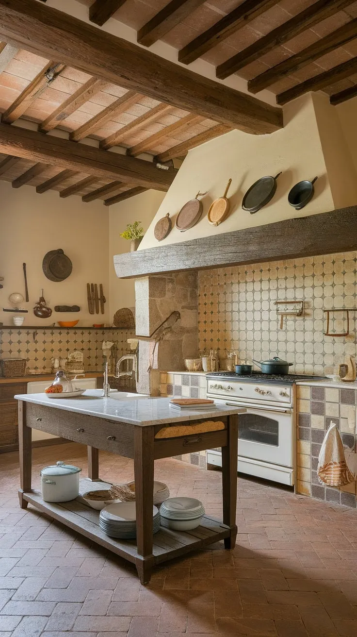Warm terracotta floors and a floral-tiled backsplash enhance the inviting atmosphere of this Italian farmhouse kitchen.
