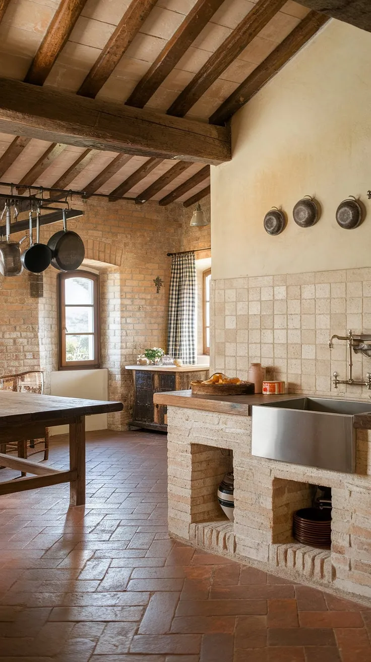 Rustic charm fills this Italian farmhouse kitchen, its exposed brick, wooden beams, and terracotta floors creating a warm, inviting space.