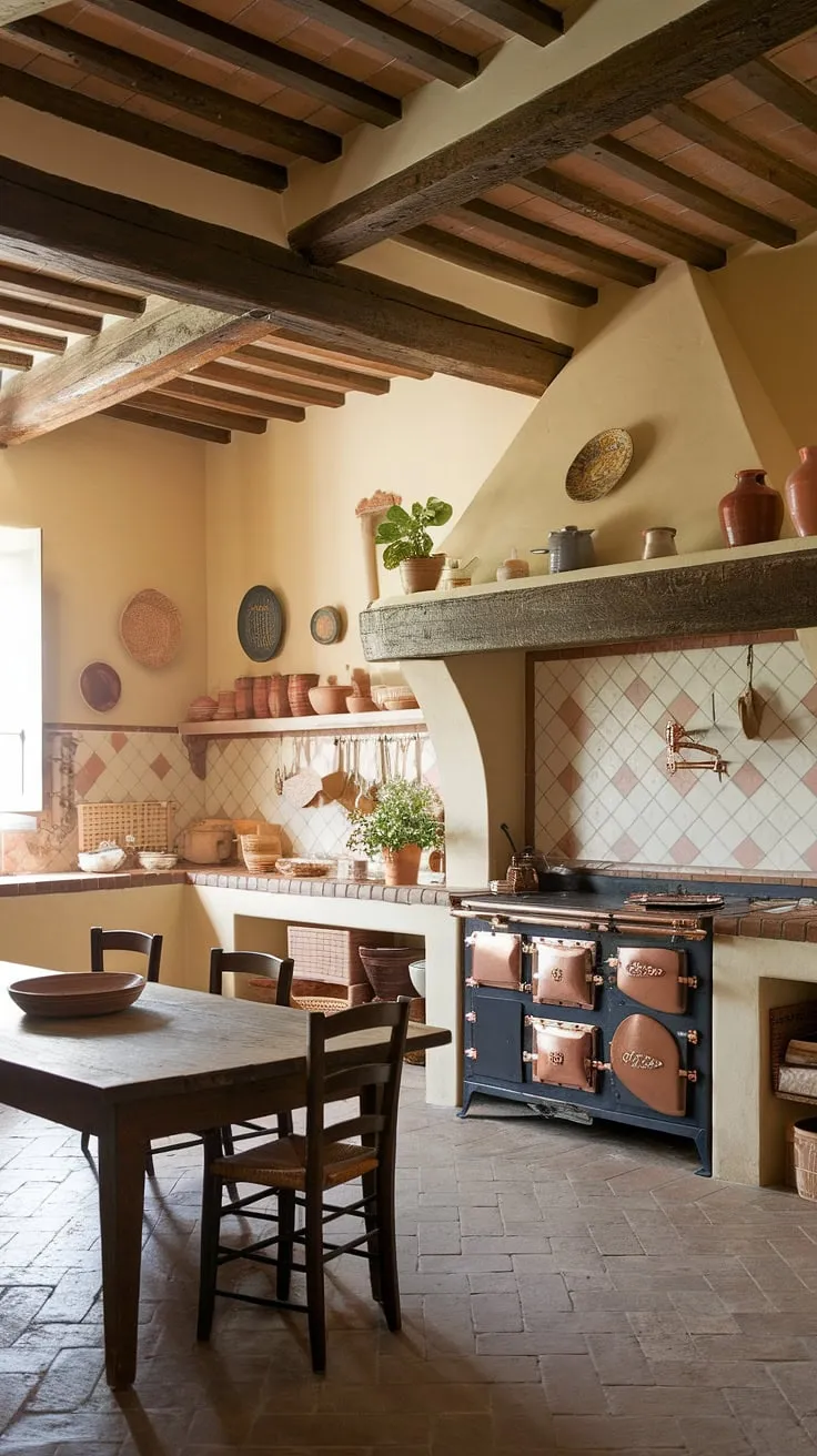 Enchanting Tuscan farmhouse kitchen evokes warmth with aged details and terracotta accents