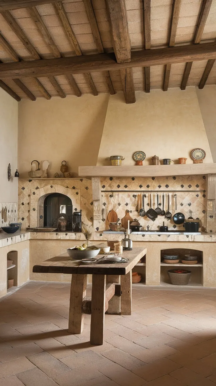 A sun-drenched Tuscan kitchen, featuring aged wood and marble, creates a warm and inviting atmosphere perfect for cooking and gathering.