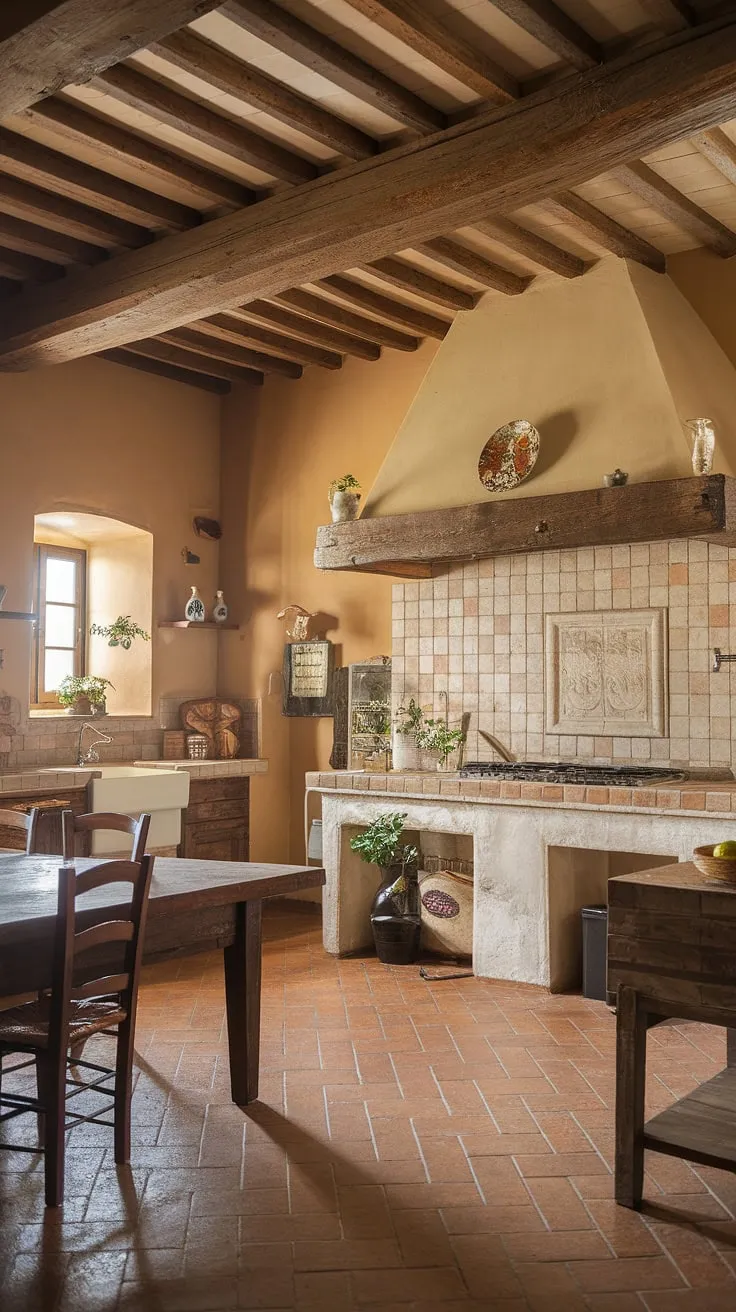 Earthy tones and aged wood create a warm, inviting Tuscan farmhouse kitchen.