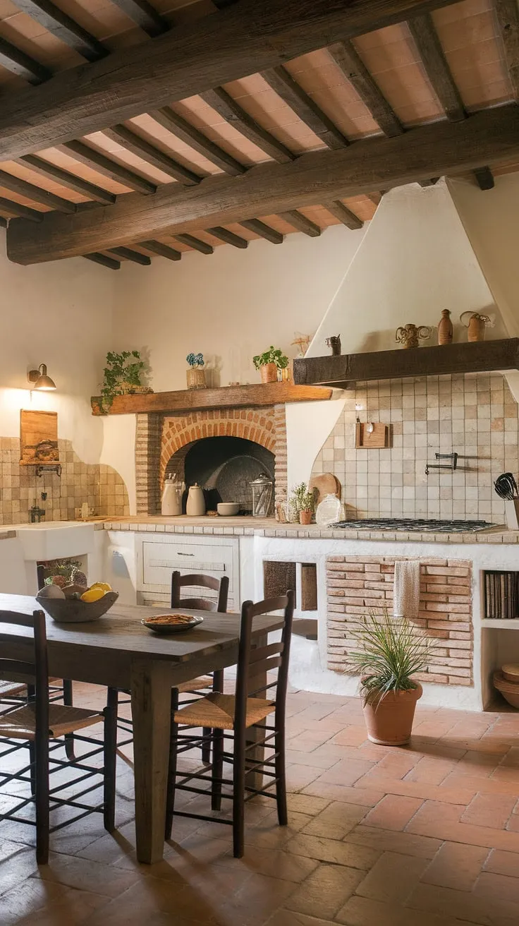 Warm light bathes a charming Italian farmhouse kitchen, its terracotta floor and aged stone adding to the inviting atmosphere