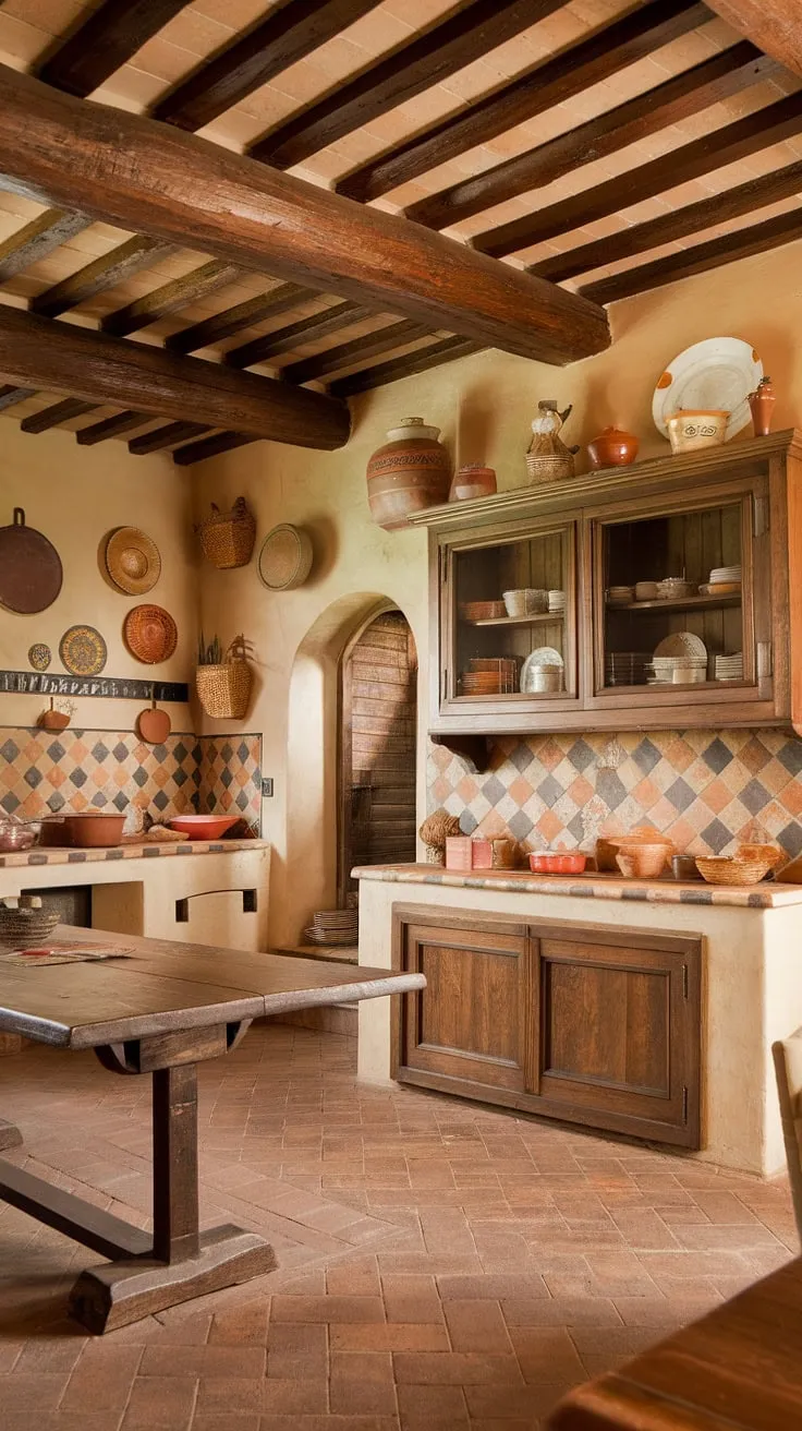 Rustic charm fills a Tuscan farmhouse kitchen, its warm earth tones and aged wood creating an inviting atmosphere.