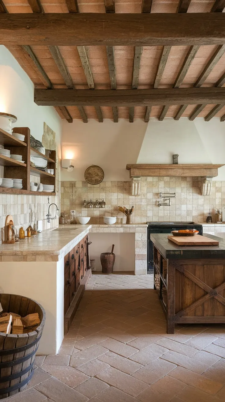 Rustic charm fills a Tuscan farmhouse kitchen, its wooden beams, marble counters, and terracotta floors creating an idyllic cooking space.