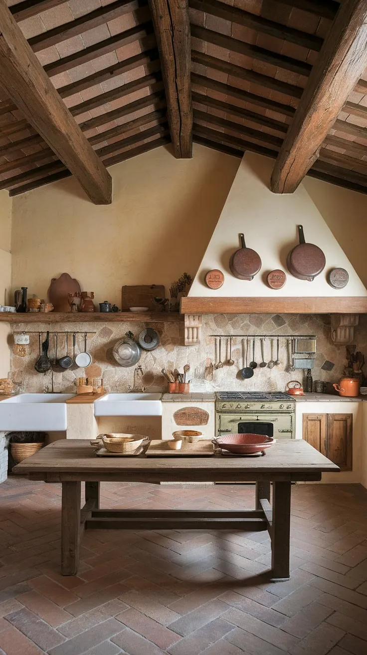 A Tuscan-style kitchen in an Italian farmhouse features exposed beams, vintage cookware, and a stone backsplash, creating an inviting atmosphere.