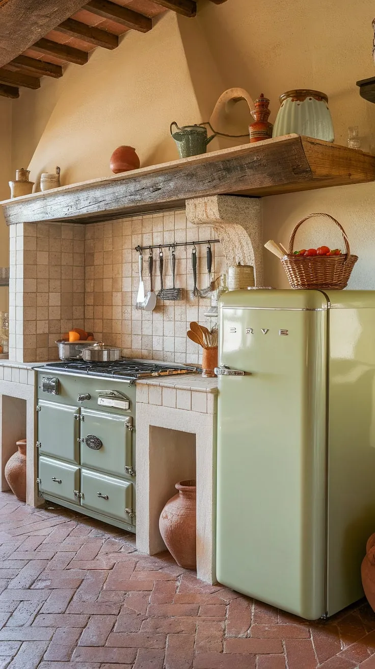 A sun-drenched Tuscan kitchen evokes warmth with its aged terracotta, brick floors, and a vintage green refrigerator.