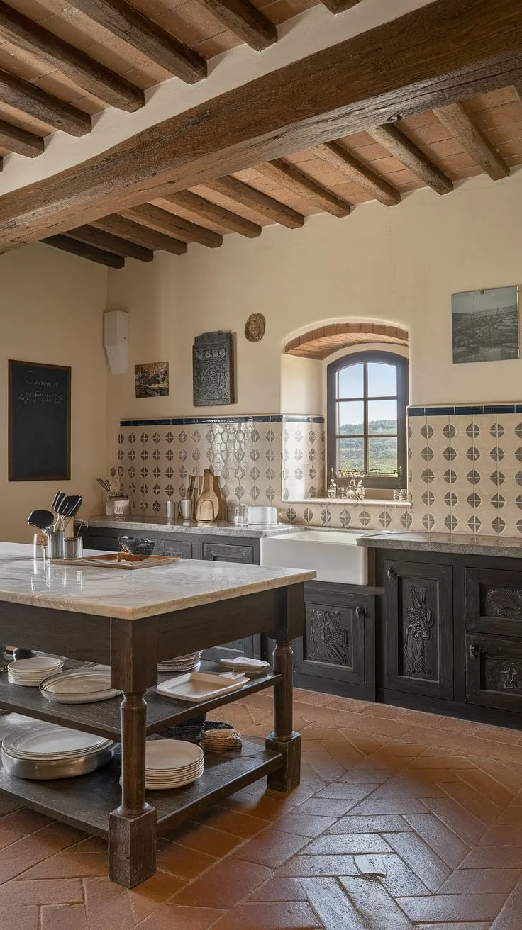Rustic charm meets modern luxury in this Tuscan farmhouse kitchen, boasting exposed brick, a beamed ceiling, and a dark wood island topped with marble.