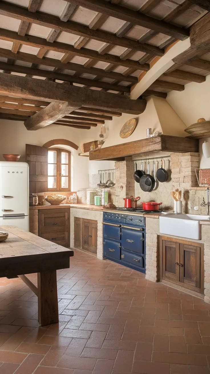 Rustic charm fills this Italian farmhouse kitchen, its stone walls and wooden beams creating a warm, inviting space.