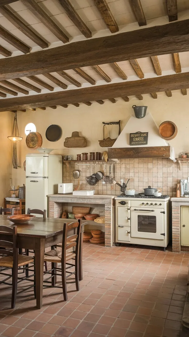 Rustic charm fills a Tuscan farmhouse kitchen, its aged wood, terracotta floors, and vintage details creating a warm, inviting space.