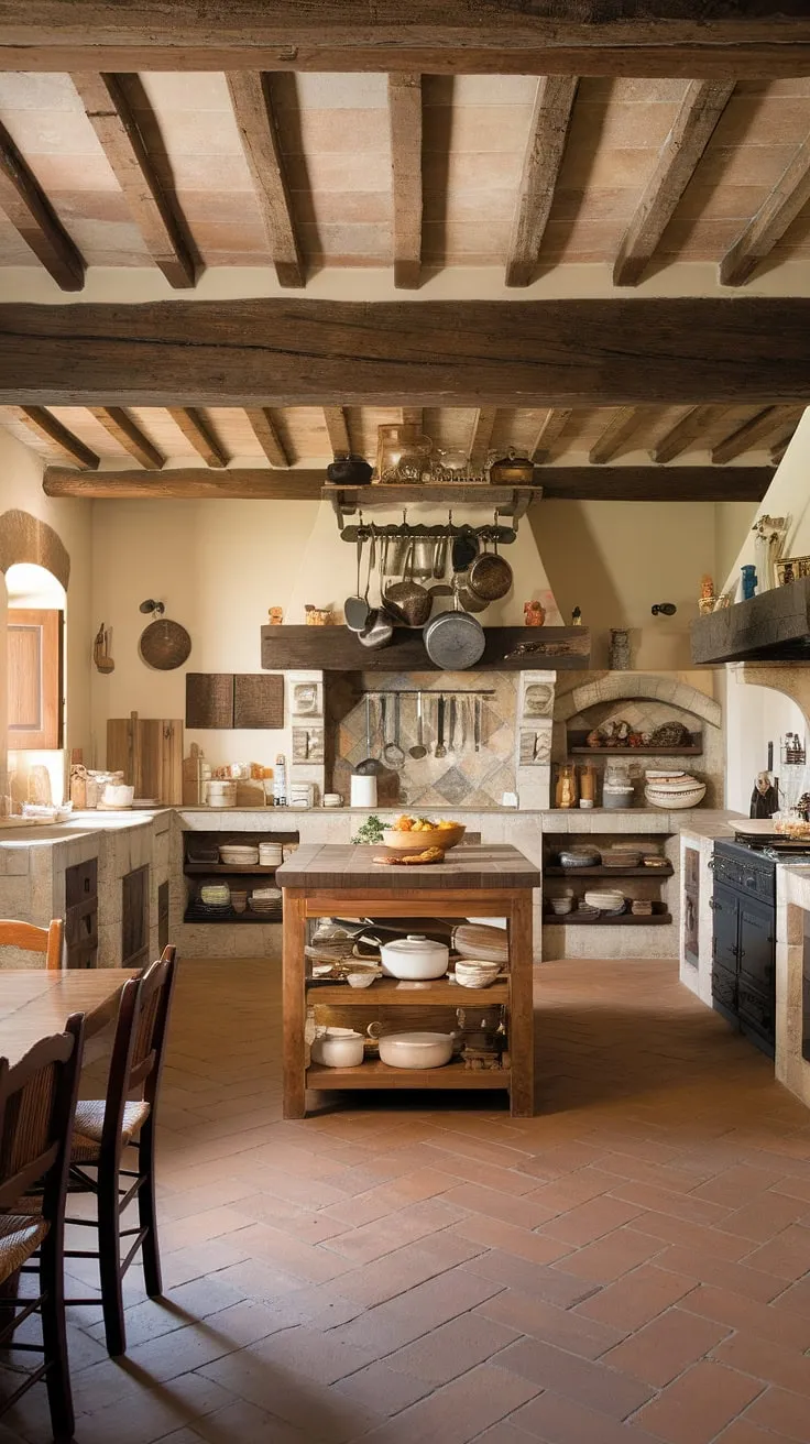 Italian farmhouse charm fills a kitchen featuring a stone fireplace, wooden cabinetry, and terracotta floors.