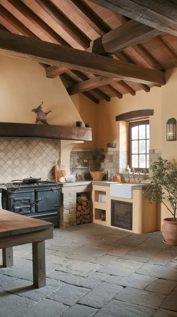 Rustic charm fills a Tuscan farmhouse kitchen, its stone floor and beamed ceiling creating a warm, inviting atmosphere.