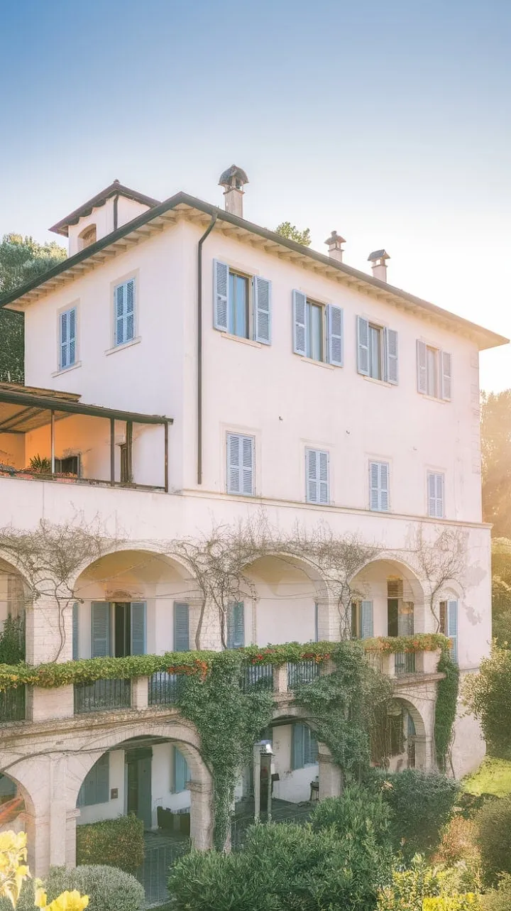 In a sunlit embrace, this Northern Italian villa, adorned with terracotta roofs and blue shutters, stands as a timeless sanctuary where nature and history intertwine.