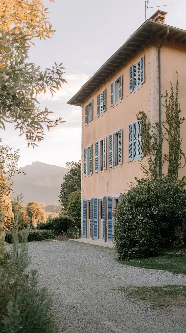 A picturesque Italian villa with blue shutters stands serenely amidst lush greenery and stunning mountain views.