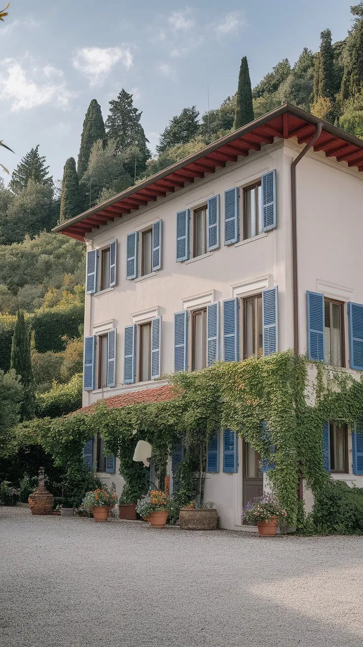 A sun-drenched Northern Italian villa, painted white with a red roof and blue shutters, sits nestled in vibrant greenery under a clear summer sky.