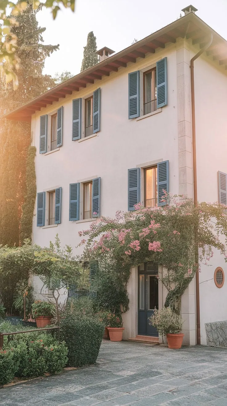 A Northern Italian villa's beauty is captured in a sun-drenched summer scene