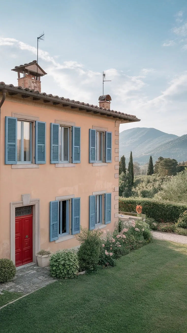 Northern Italy's idyllic villa, boasting blue shutters, a red door, and a vibrant garden, showcases breathtaking mountain views