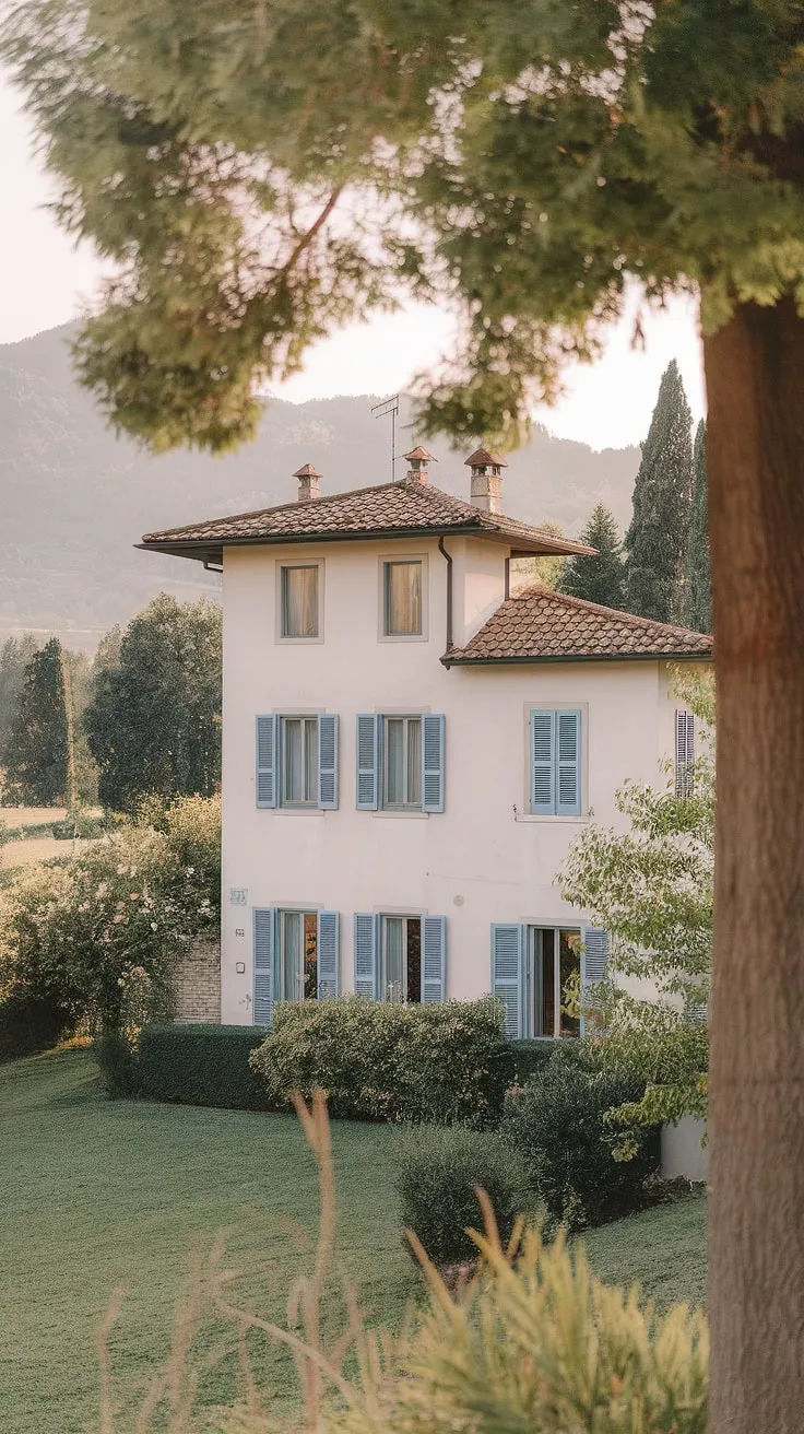 A picturesque Italian villa in Northern Italy presents a captivating image of summer in Europe.