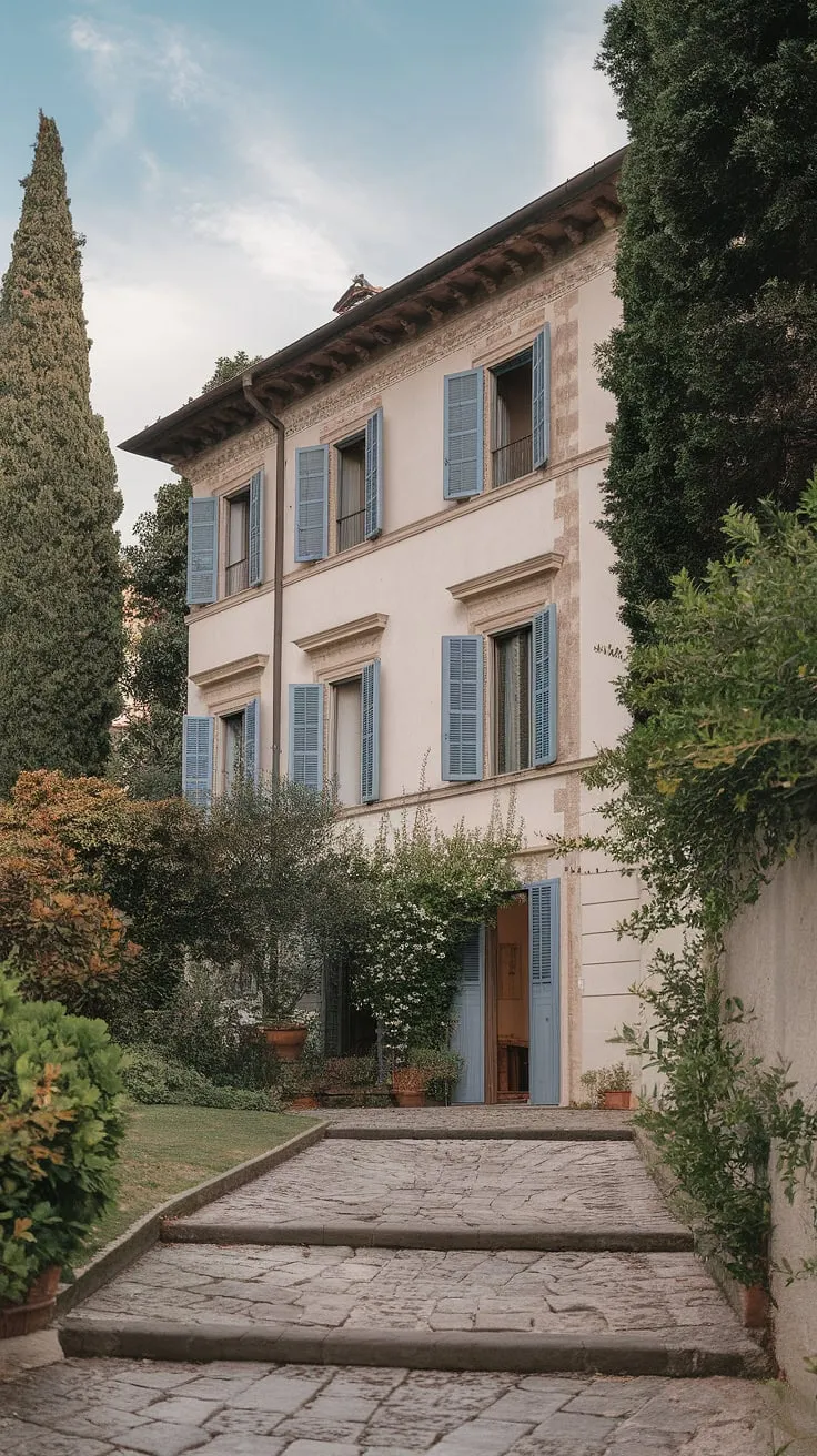 A picturesque Italian villa, nestled in greenery, showcases charming blue shutters and a cobblestone path, embodying the essence of Italy.