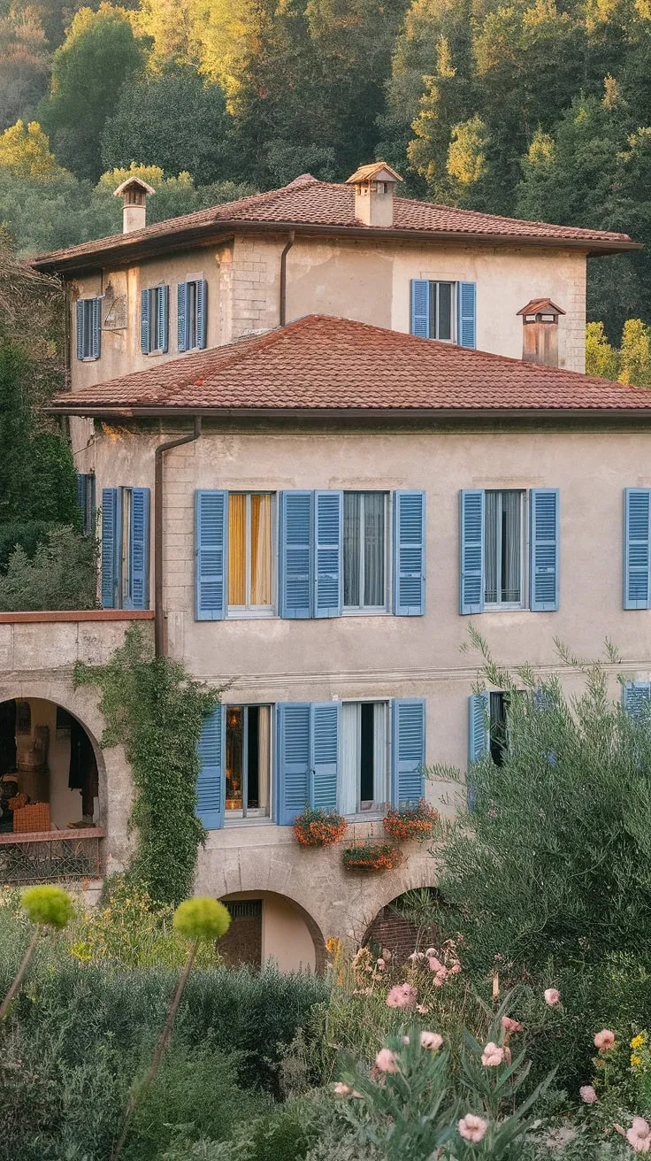Northern Italian charm exudes from a stone villa's vibrant red roof and blue shutters nestled amidst summer greenery