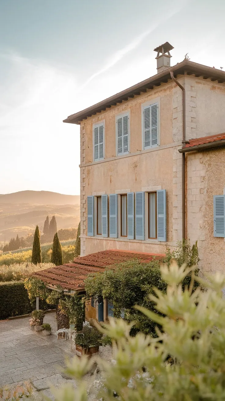 A picturesque Italian villa, complete with blue shutters and a red roof, sits proudly amidst rolling hills and vibrant greenery.