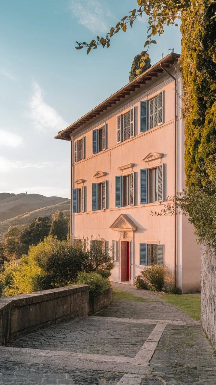 Sunlight dances on the terracotta roof of a Northern Italian villa, where vibrant blue shutters create a postcard-perfect escape.